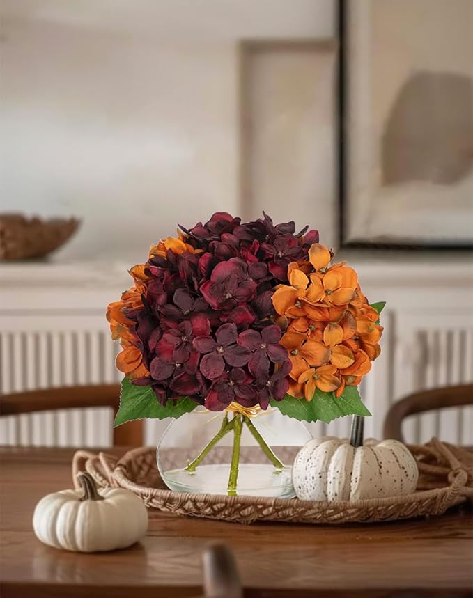 Artificial Hydrangea Flowers with Glass Vase, Red Silk Arrangement