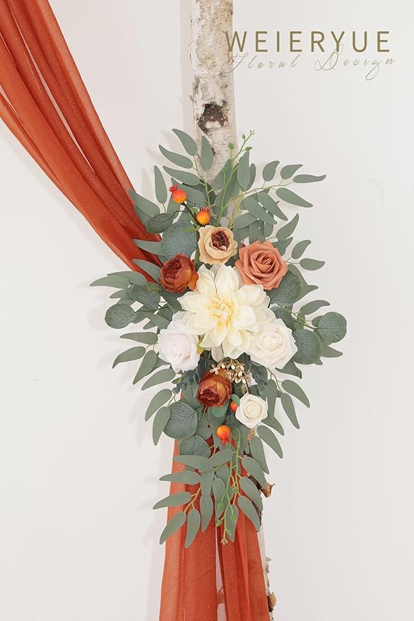 Artificial Flowers Wedding Arch Swag Kit, Burnt Orange, with Chiffon Drape