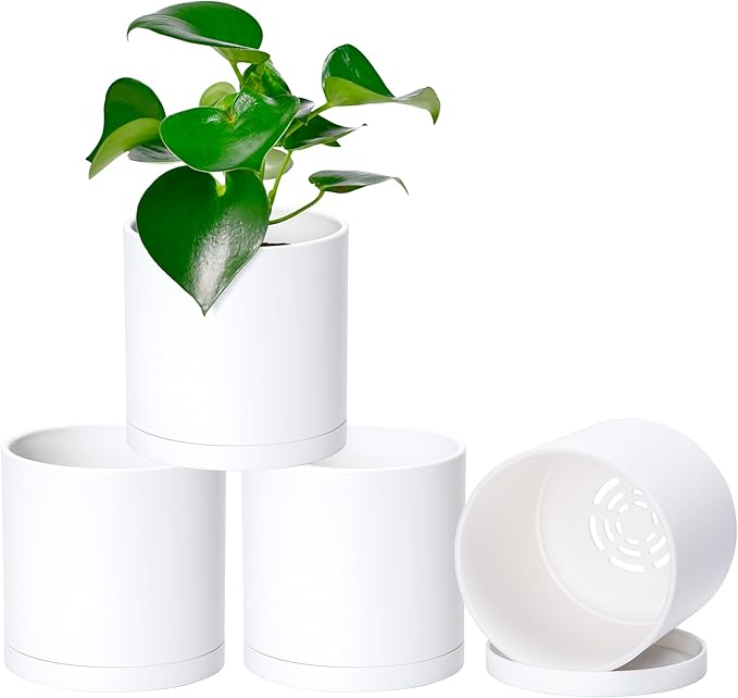 Planters: Set of 4 Matte White Plastic Pots with Drainage Holes, 5 Inch