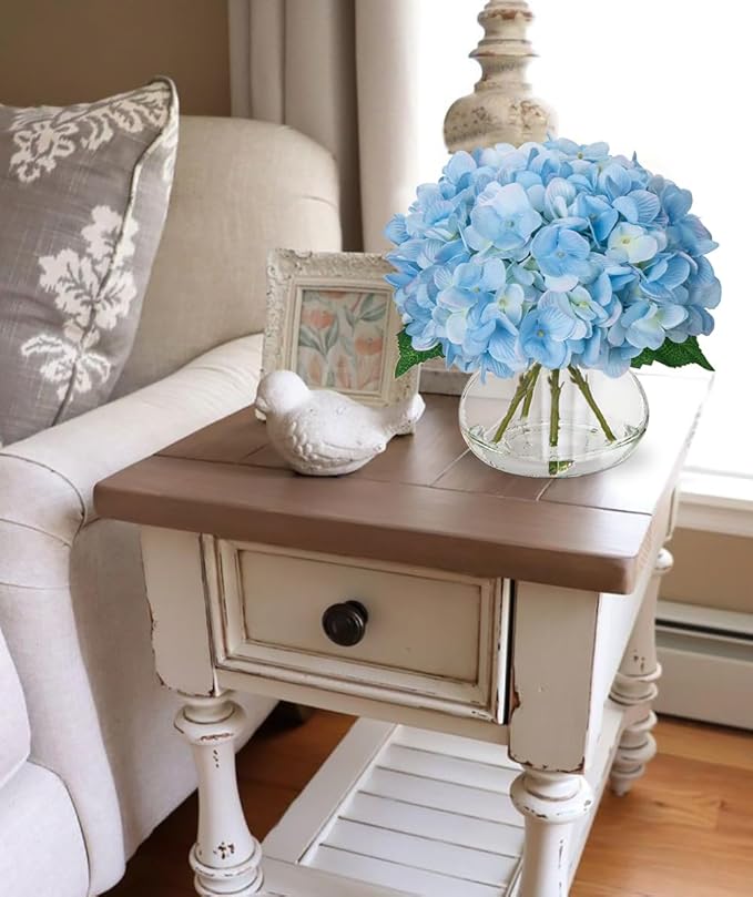 Artificial Flowers: Blue Silk Hydrangea Arrangement with Glass Vase