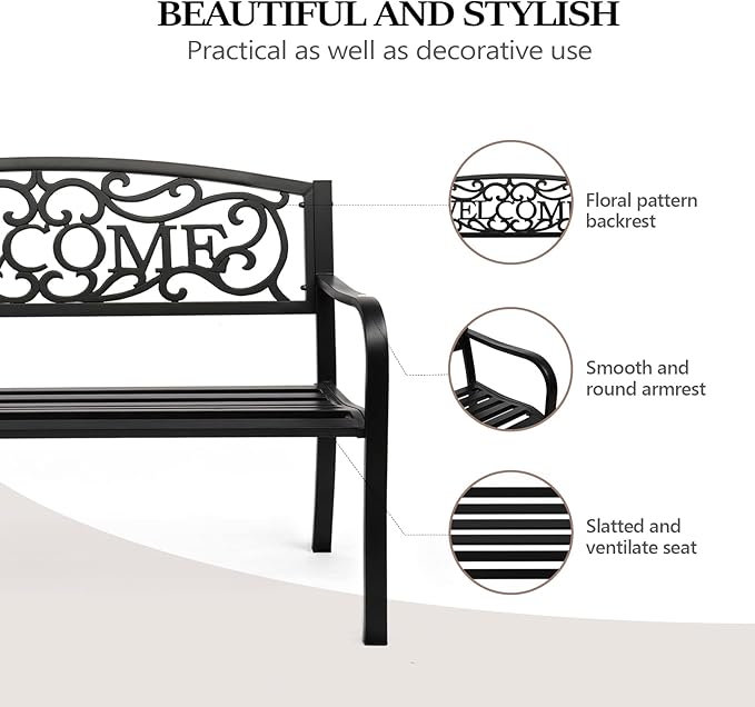 VINGLI Outdoor Bench for Patio Metal Garden Bench w/PVC Back Pattern - Image 4