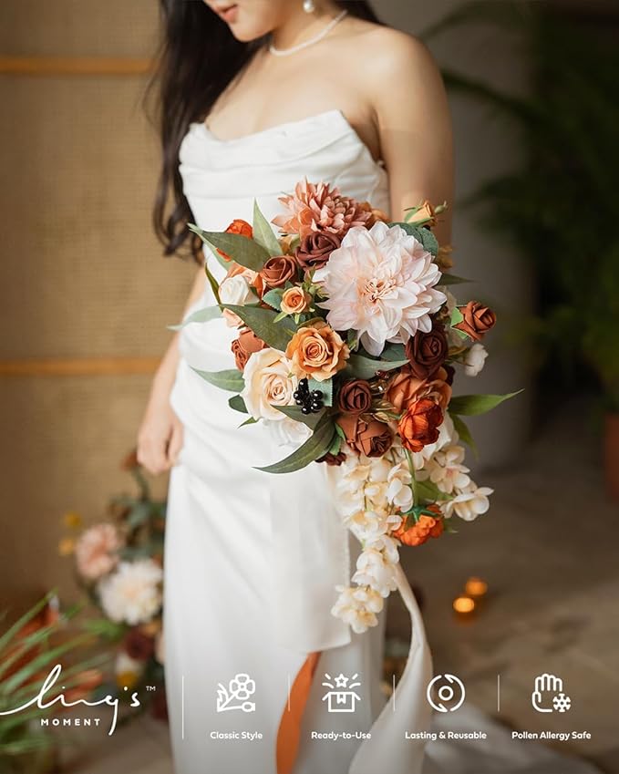 Artificial Flowers Bridal Bouquet, Terracotta Cascade, Silk
