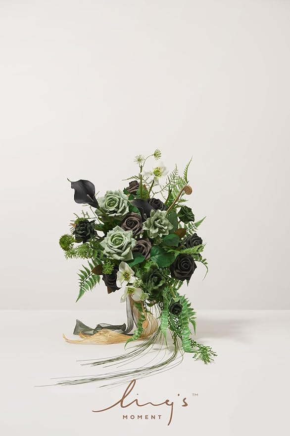 Artificial Flowers Forest Green Cascading Bridal Bouquet, 13 Inch Silk