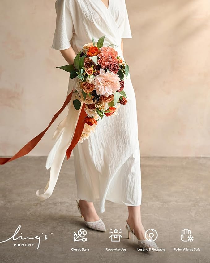 Artificial Flowers Bridal Bouquet, Terracotta Cascade, Silk