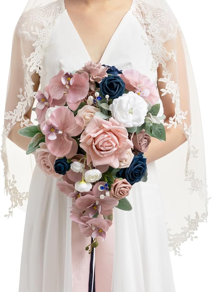 Artificial Flowers Bridal Bouquet, Dusty Rose and Navy Cascade