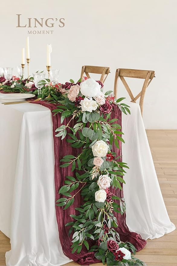 Artificial Flower Garland, 6 Ft Eucalyptus Willow Leaf in Marsala and Blush