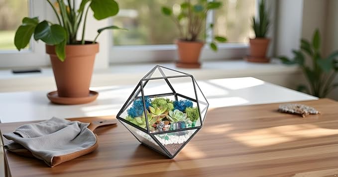 Terrarium Kit with 7-Inch Geometric Glass Dodecahedron, Moss and Crystals