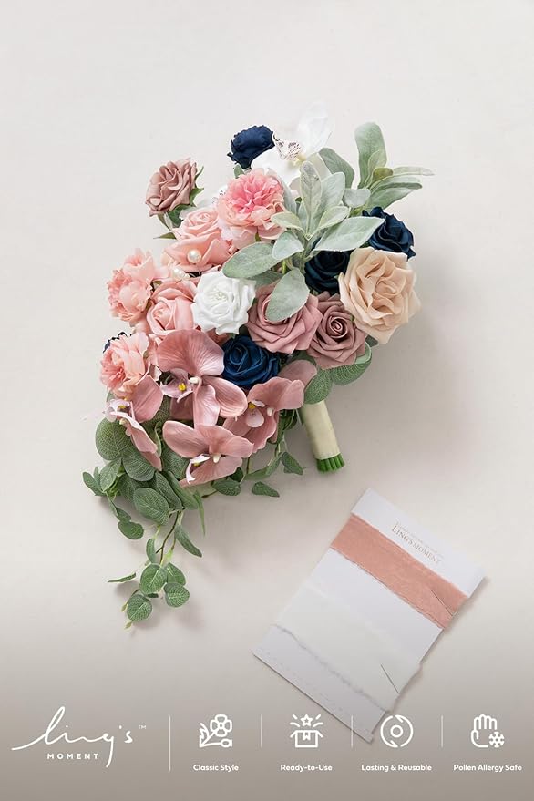 Artificial Flowers Bridal Bouquet, Dusty Rose and Navy Blue Cascade, 15 Inch