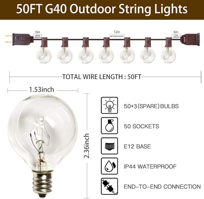 String Lights, 50 ft Clear Globe LED Patio Lights in Warm White