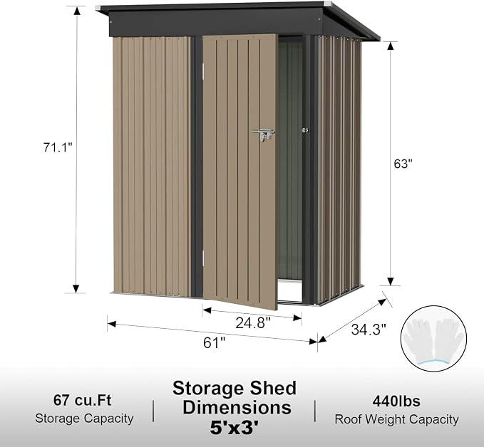 Storage Shed, 5 x 3 FT Galvanized Steel Garden Shed with Lockable Door