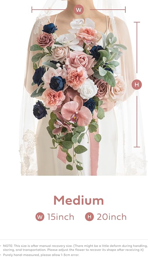 Artificial Flowers Bridal Bouquet, Dusty Rose and Navy Blue Cascade, 15 Inch