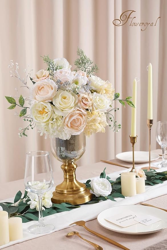 Artificial Flowers Set White Silk Mix, 18 Pieces with 30 Plastic Stems