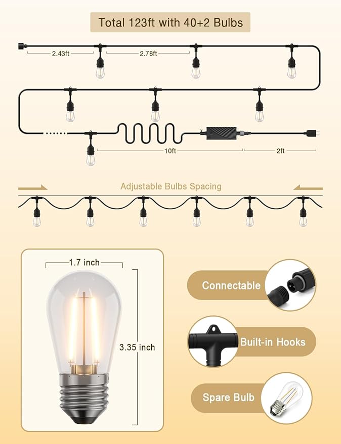 String Lights with Dimmable S14 Edison Bulbs and IP65 Waterproof Design