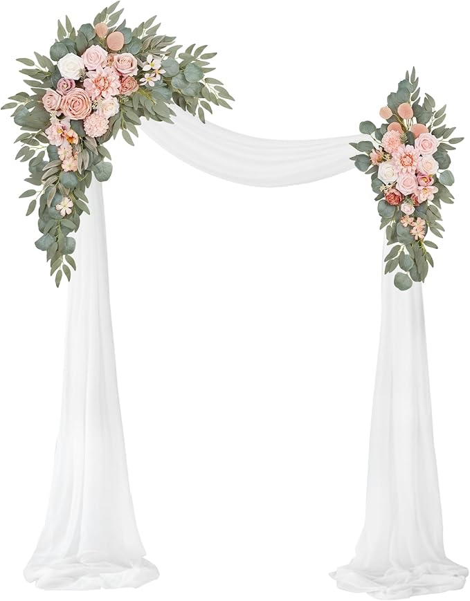 Artificial Flowers Wedding Arch Kit, Romantic Pink with White Chiffon Drape