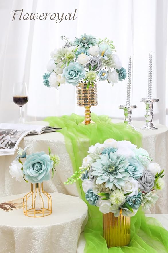 Artificial Flower Set in Teal Blue, Silk Roses, Dahlias and Peonies