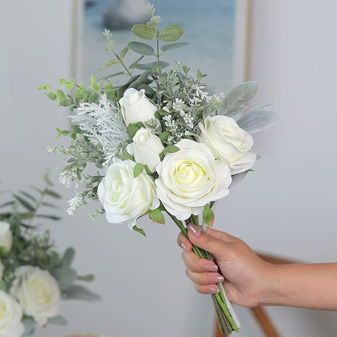 Artificial Flowers with Glass Vase, 14.5-Inch White Silk Roses Bouquet