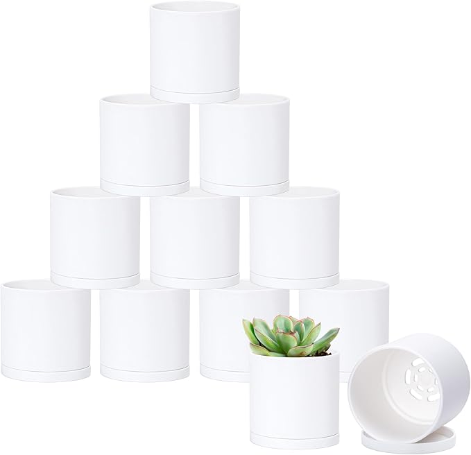 Planters, 12 Matte White Plastic Pots with Drainage Saucers, 3-Inch