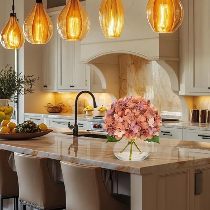 Artificial Hydrangea Flowers with Glass Vase, Dark Peach Silk Arrangement