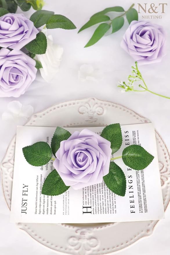 Artificial Flowers, 50 Count Lavender Latex Foam Roses with Wire Stems