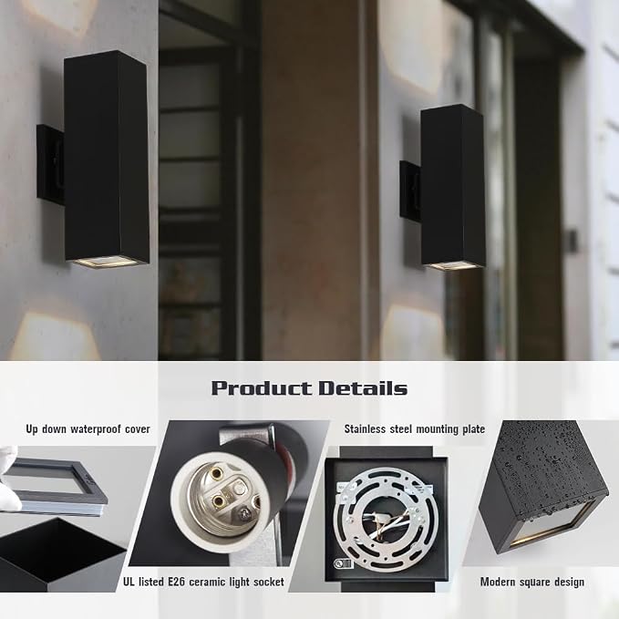 Modern Matte Black Aluminum Outdoor Wall Light, Up Down, 2 Pack