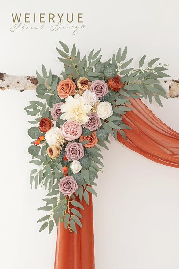 Artificial Flowers Wedding Arch Swag Kit, Burnt Orange, with Chiffon Drape