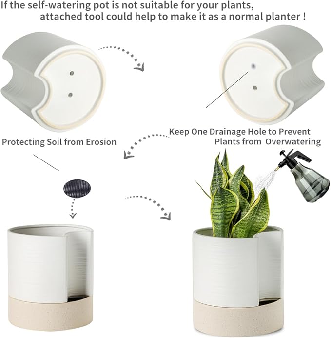 Planter Pot with Self Watering Wick, 8 Inch Ceramic, White