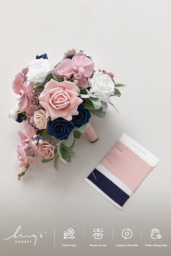 Artificial Flowers Bridal Bouquet, Dusty Rose and Navy Cascade