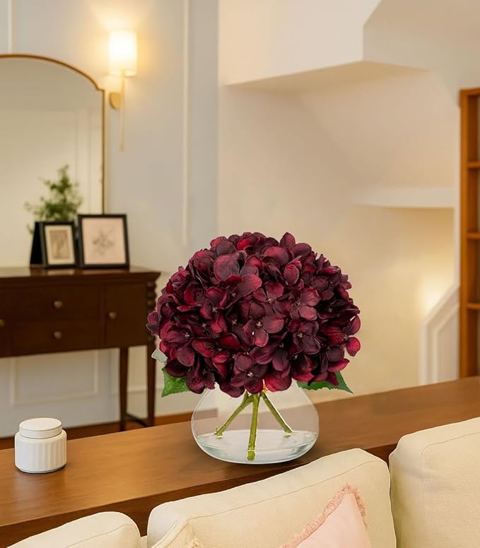 Artificial Flowers, Dark Red Hydrangea Arrangement with Glass Vase