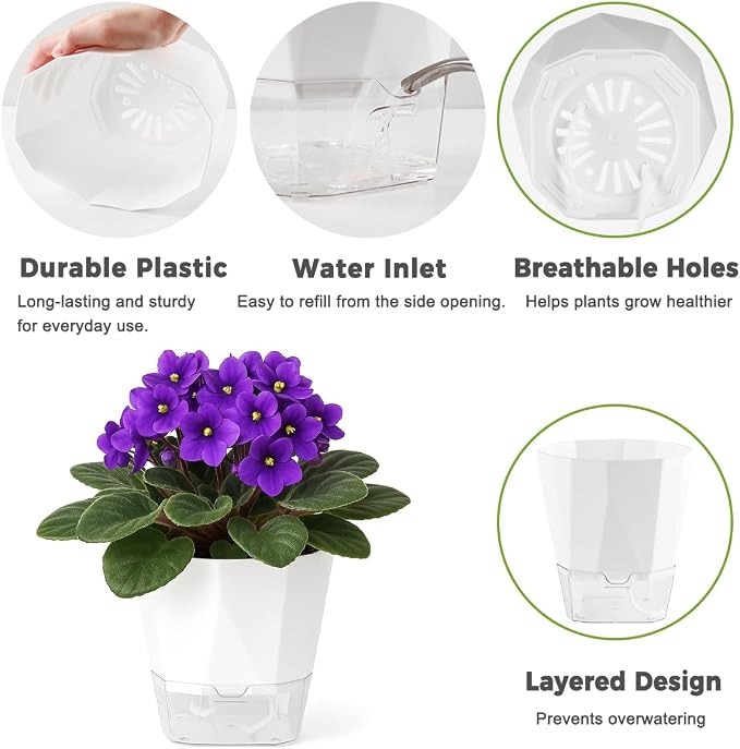 5 Pack Self Watering Pots for Indoor Plants, 5/6.7/8.4 Inches Self Watering - Image 3