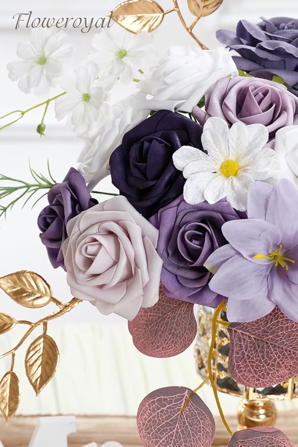 Artificial Flowers, Dark Purple Silk Mix with Roses and Eucalyptus