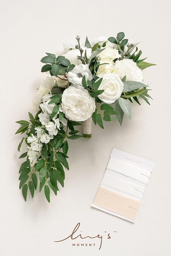 Artificial Flowers Bridal Bouquet, Ivory Silk Cascade with Pearls, 15in