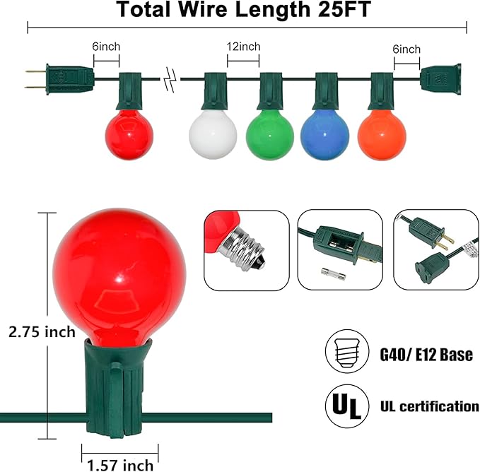 String Lights 25 Ft G40 Ceramic Multicolor Bulbs for Outdoor Use