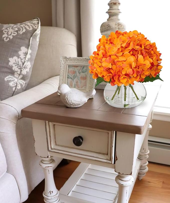 Artificial Hydrangea Flowers with Glass Vase, Orange Silk Arrangement