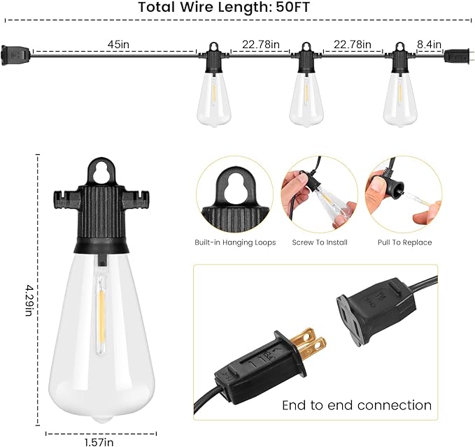 String Lights 50 ft Outdoor Vintage Edison Bulbs, Warm White
