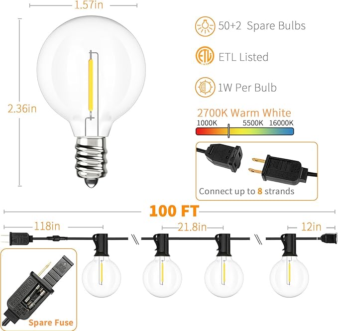 String Lights, 100 Ft Black G40 Globe with 50 LED Bulbs