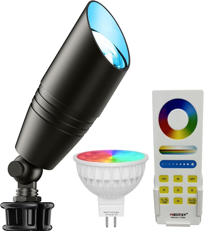 Outdoor Spotlights, 5W RGB+CCT MR16 Bulbs, Die-Cast Aluminum, 12V