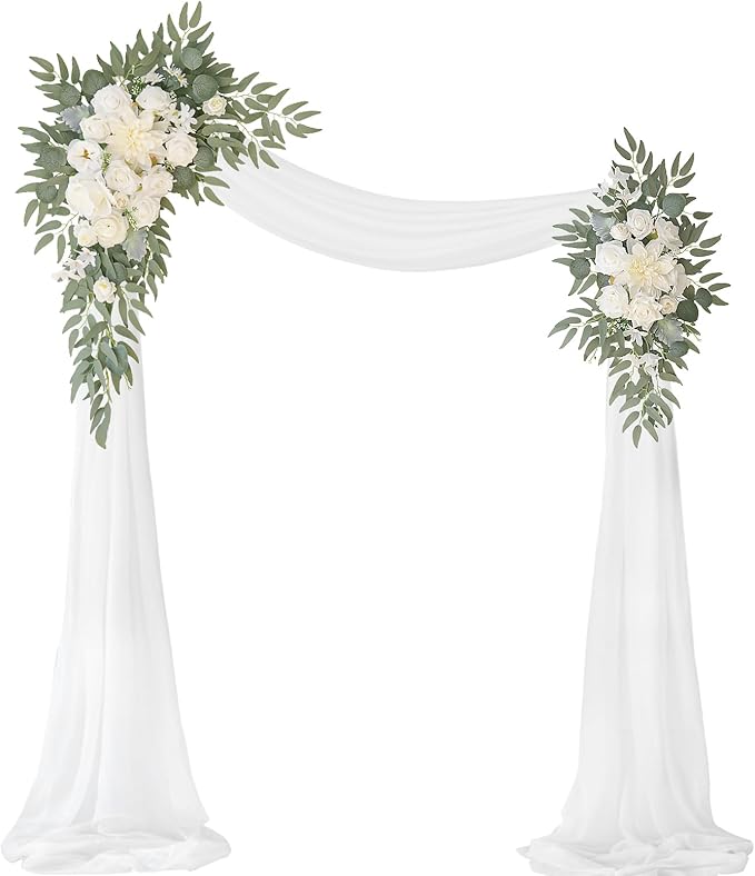 Artificial Flowers Wedding Arch Kit, White Rose Swags with Chiffon Drape