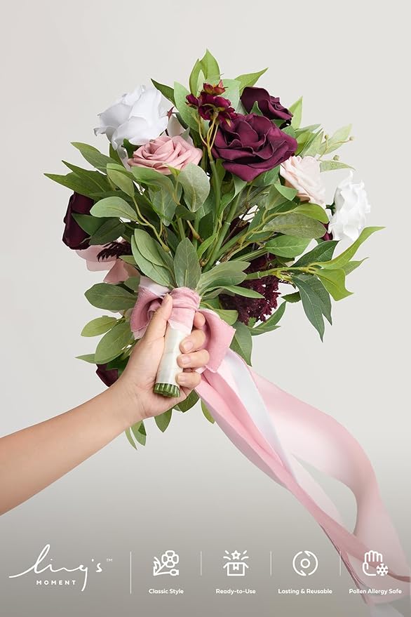 Artificial Flowers Cascading Bridal Bouquet, Marsala and Blush Silk Roses