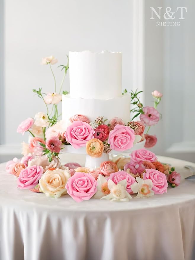 Artificial Flowers, 50 Light Pink Foam Roses with Bendable Stems