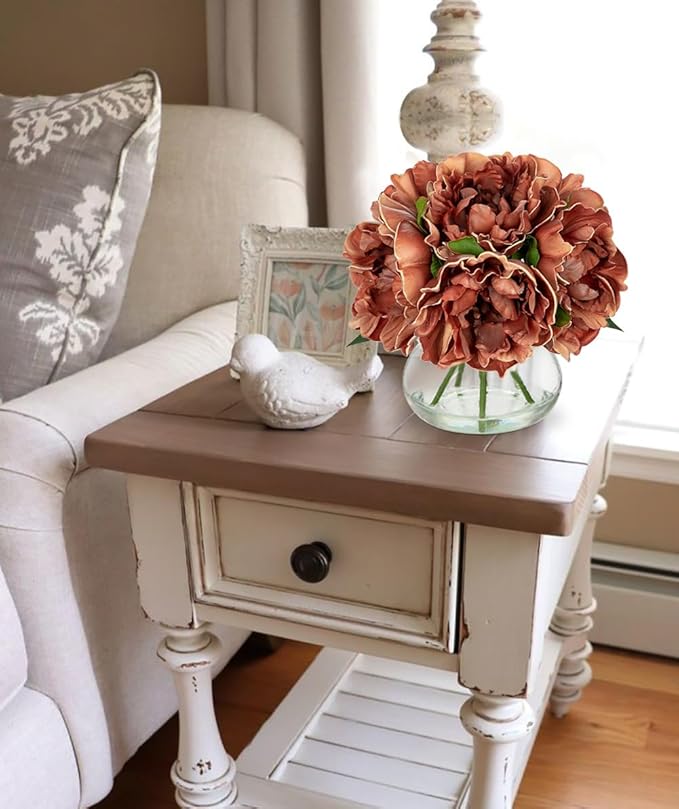 Artificial Peony Flowers in Glass Vase, 6 Silk Heads, Coffee Color