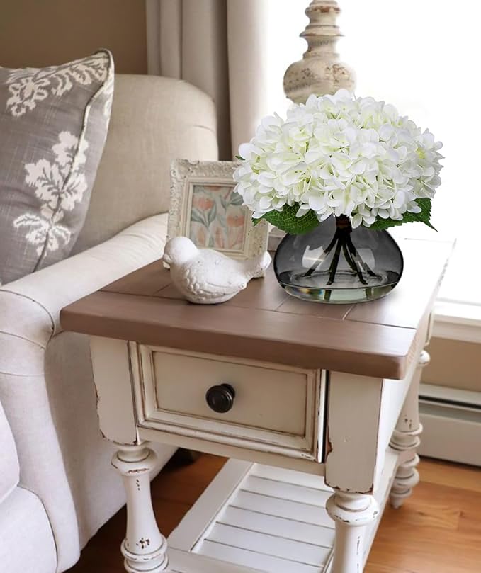 Artificial Hydrangea Flower Arrangement, White Silk with Glass Vase