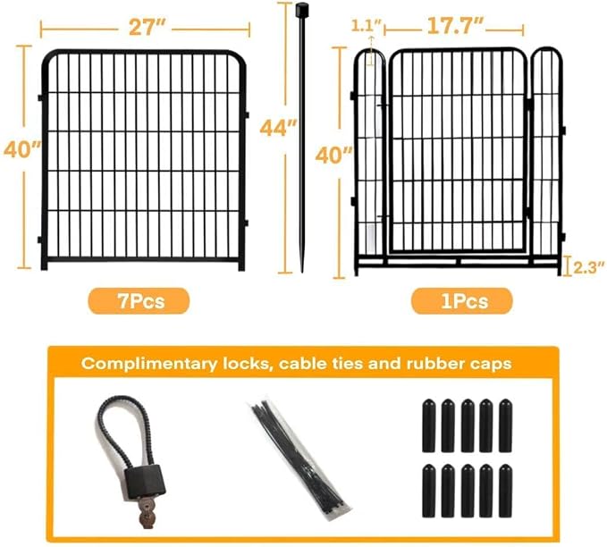 Decorative Metal Garden Fence Set, 40 Inch High, Black, 8 Panels