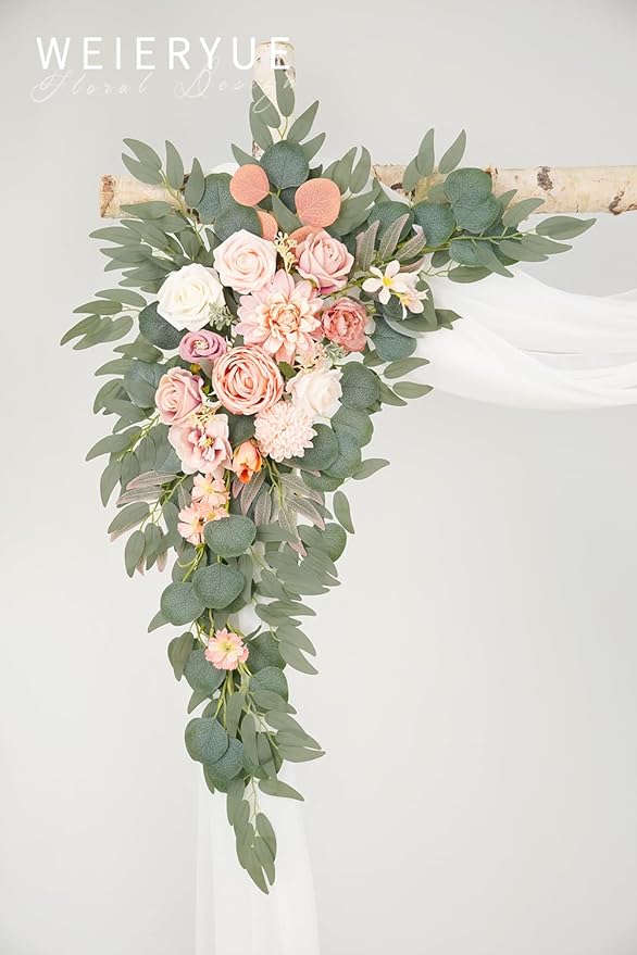 Artificial Flowers Wedding Arch Kit, Romantic Pink with White Chiffon Drape