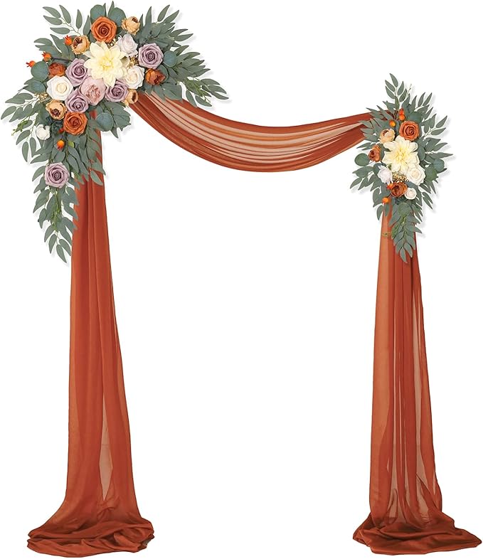 Artificial Flowers Wedding Arch Swag Kit, Burnt Orange, with Chiffon Drape