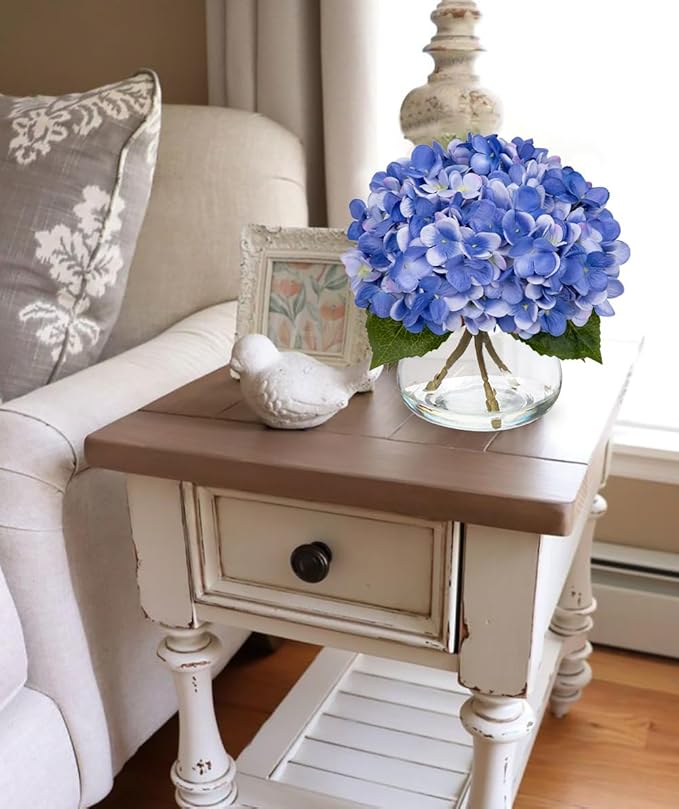 Artificial Hydrangea Flowers with Glass Vase, Slate Blue Silk, 4 Heads