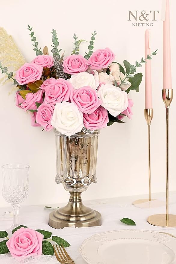 Artificial Flowers, 50 Light Pink Foam Roses with Bendable Stems