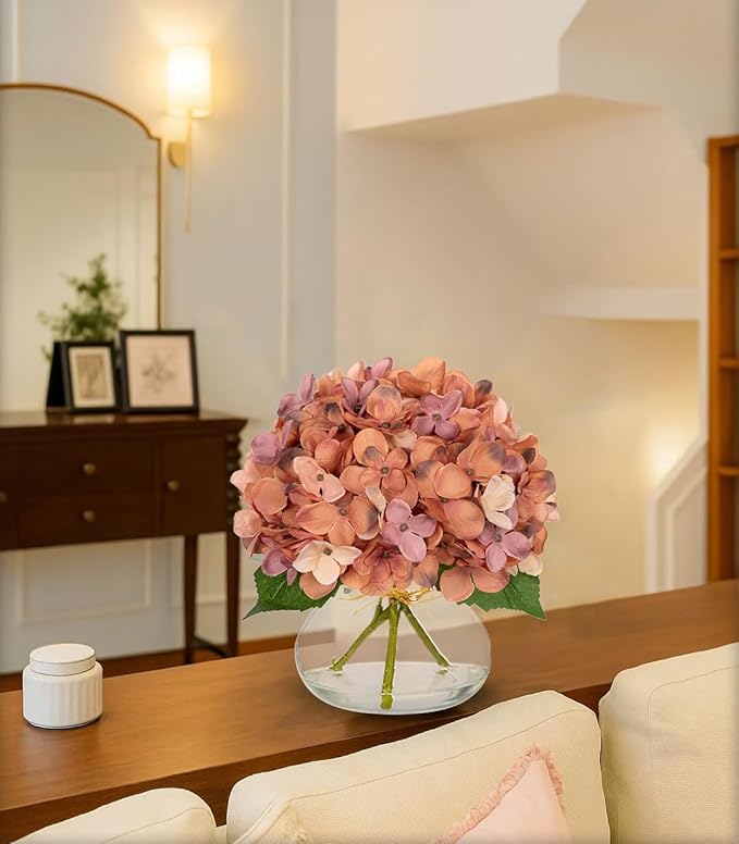 Artificial Hydrangea Flowers with Glass Vase, Dark Peach Silk Arrangement
