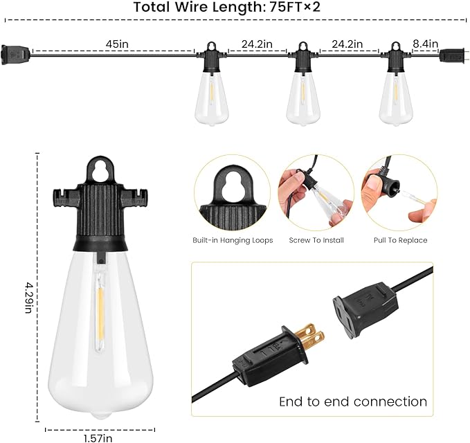 String Lights, 150 FT Warm White LED Vintage Edison Bulbs
