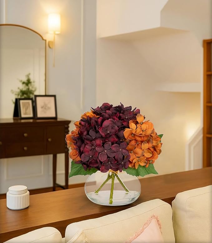 Artificial Hydrangea Flowers with Glass Vase, Red Silk Arrangement