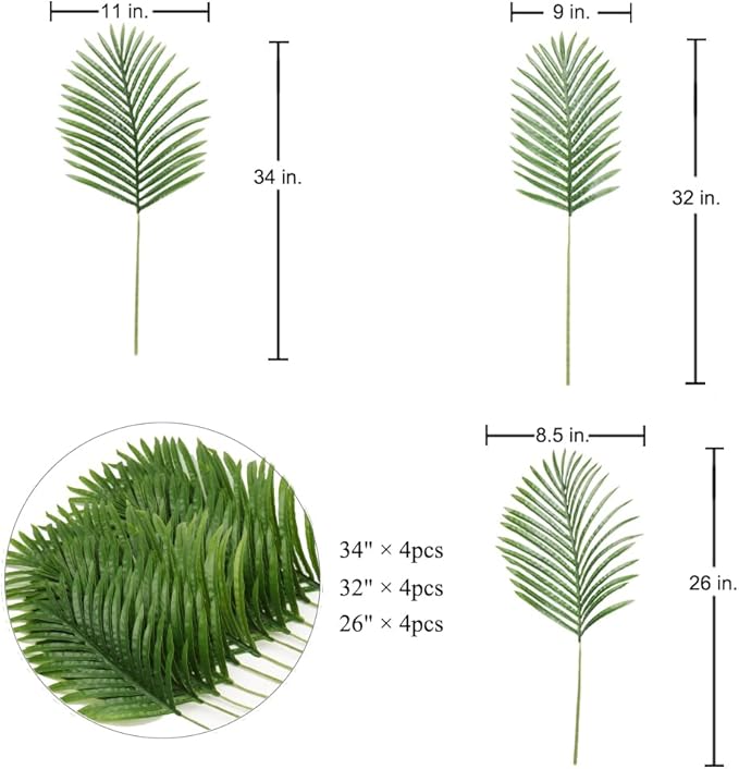Artificial Plants Greenery Tropical Palm Fronds, Set of 12, Fabric